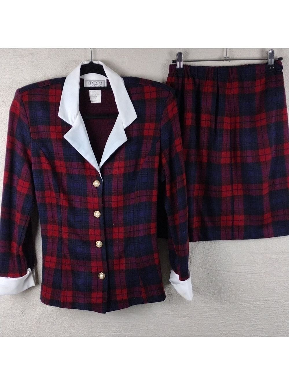 D.B.Y. Red Blue Tartan One Notched Button Long Sleeve Elastic Pull On Skirt Set - Picture 16 of 16